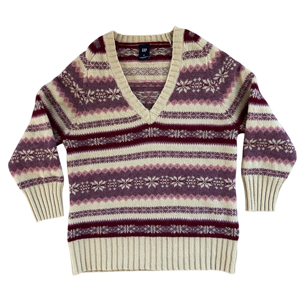 Gap Vintage Y2K Women's 100% Wool Fair Isle V-Neck Sweater Burgundy Purple Small